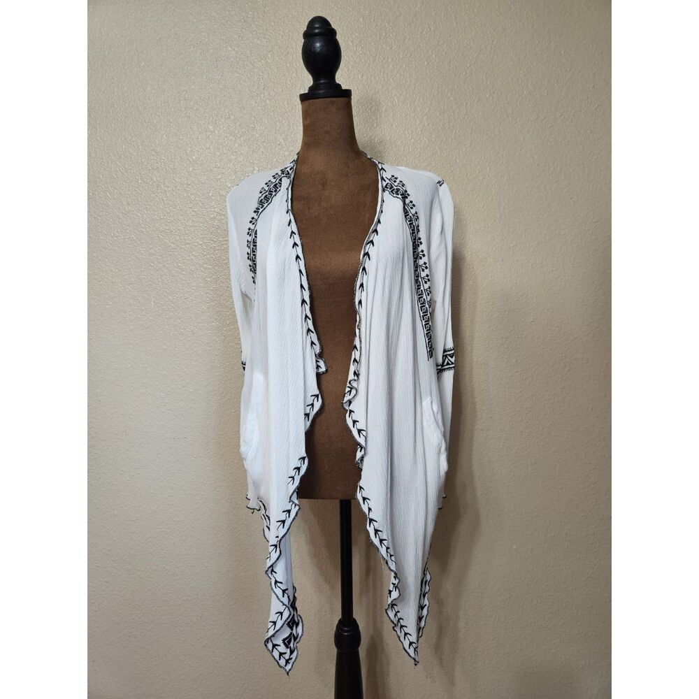 Hot & Delicious Women’s White Black Tribal Knit Open Front Drape Cardigan Size M